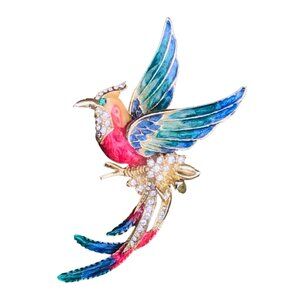 Bird of Paradise Brooch Pin Large Tropical Colorful Enamel Gold Tone Rhinestones